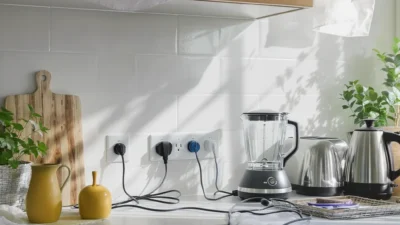 A toaster and blender side by side, one plugged into an outlet and one unplugged, illustrating energy habits.