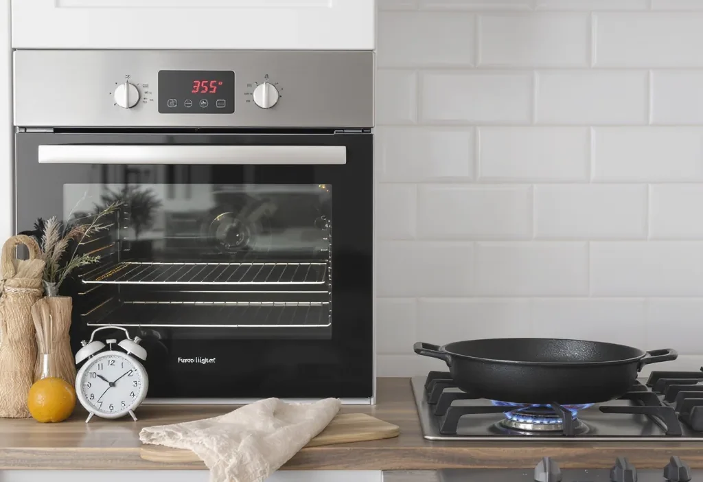 A printable kitchen checklist for preheating ovens and using residual heat to save energy while cooking.