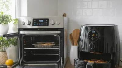 Infographic guide on when to preheat ovens, toasters, and air fryers for energy-efficient cooking.