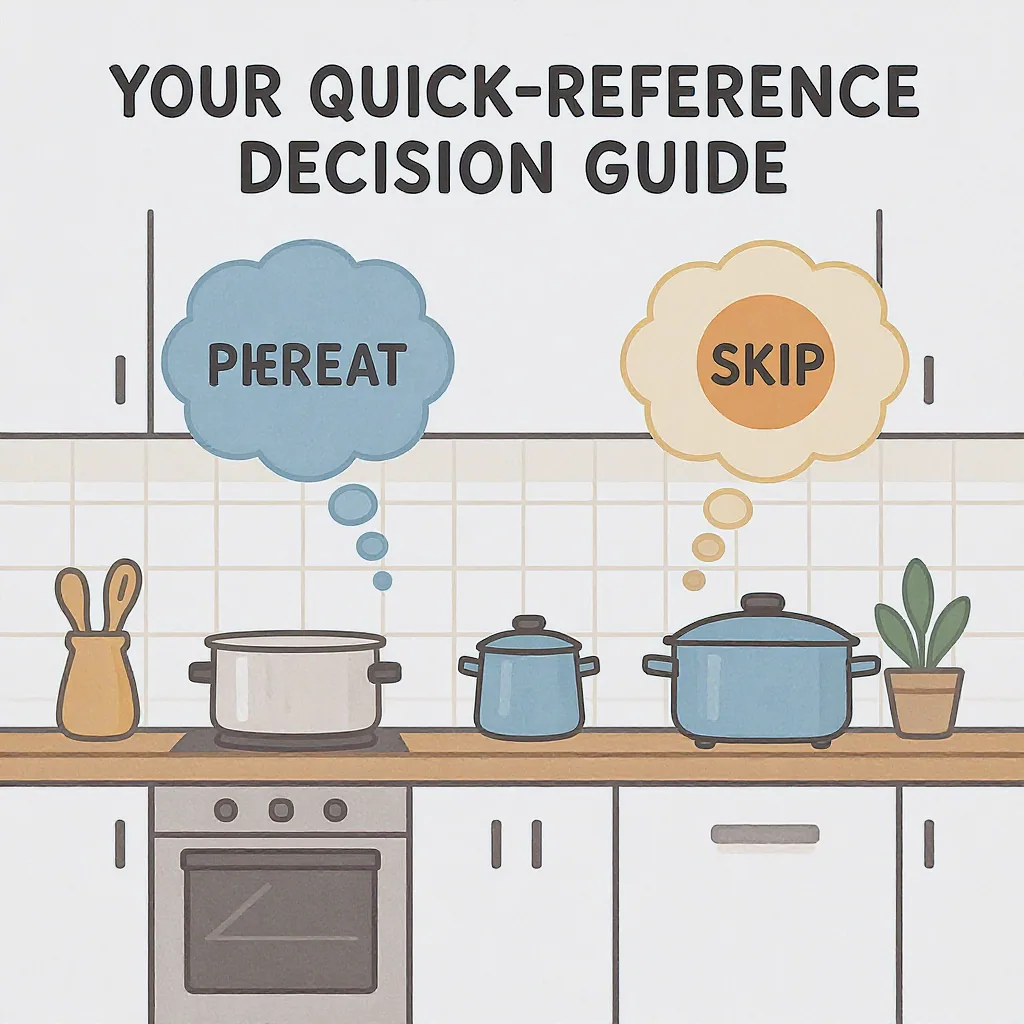 Illustrated Kitchen With Thought Bubbles Showing Preheat And Skip Decisions