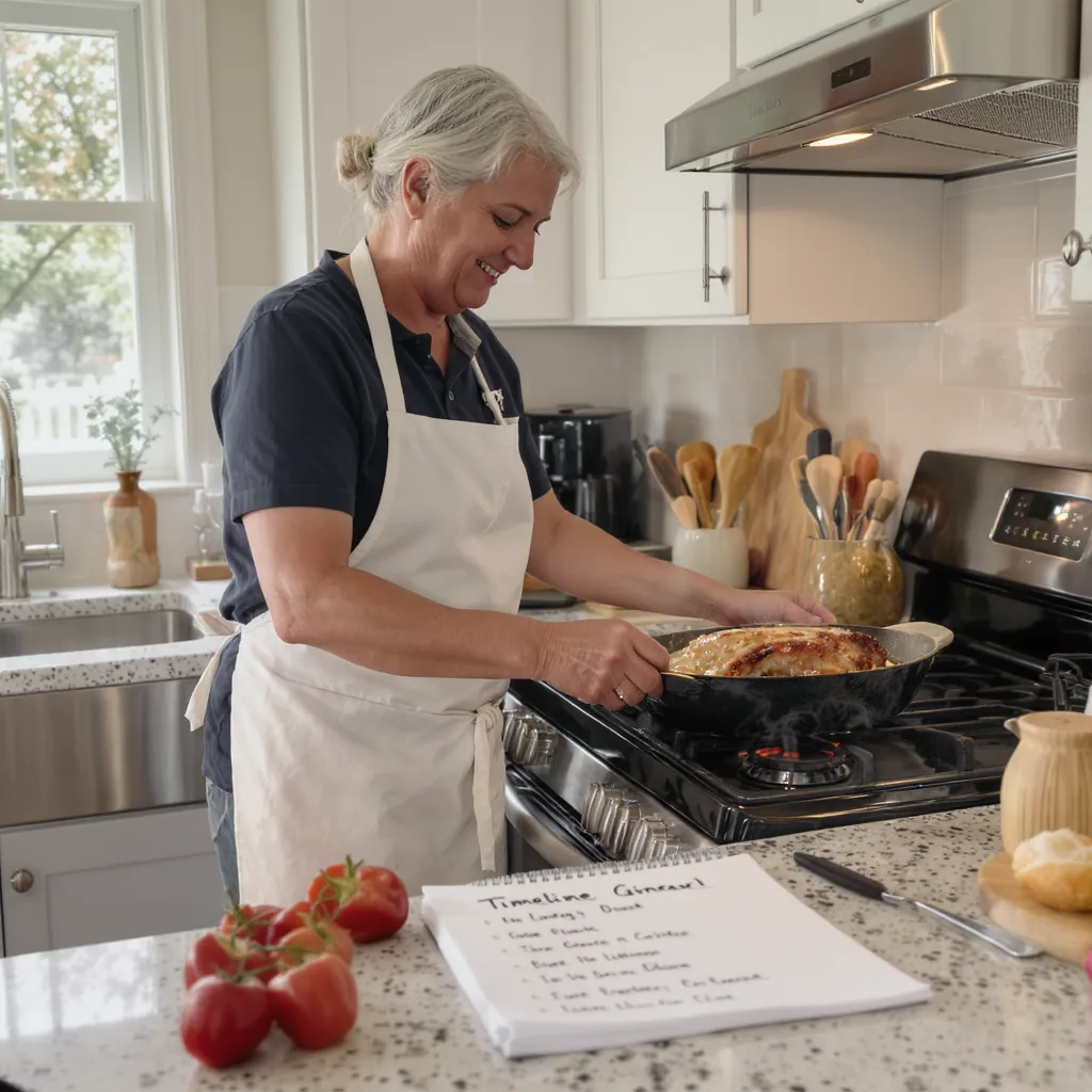 Calm Cook In A Tidy Kitchen Checks Roast The Oven