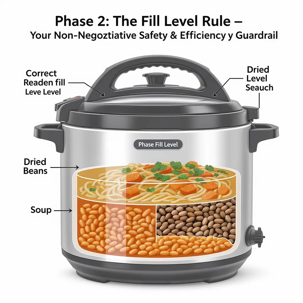 Diagrammatic Cross-section Of A Pressure Cooker Showing Fill Levels For