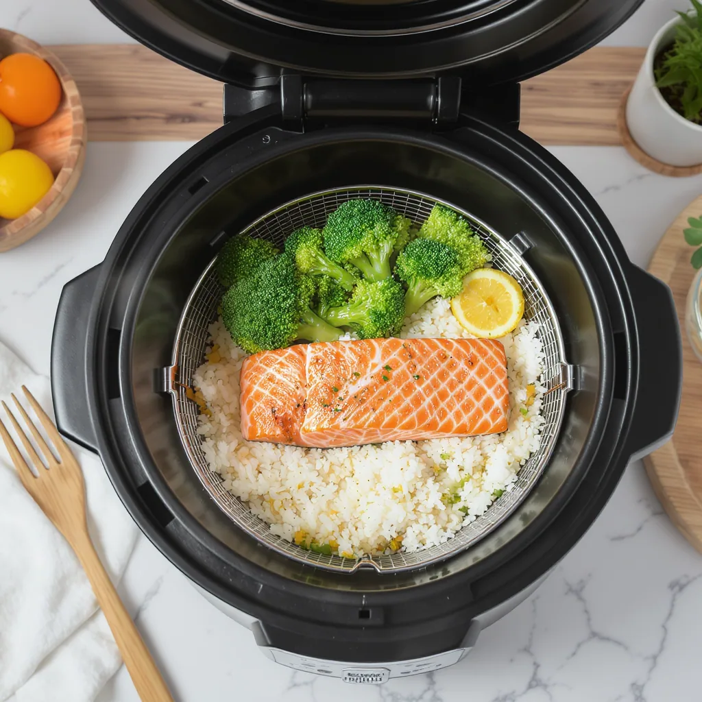 Top-down View Of An Open Rice Cooker With Steamed Salmon