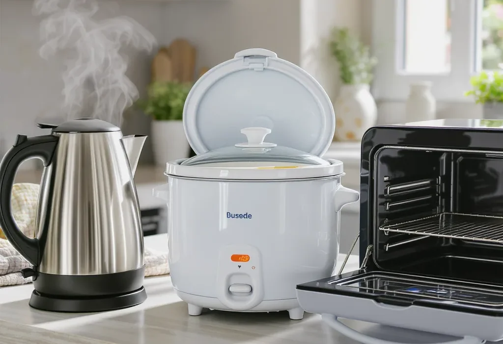 Energy-efficient kitchen appliances: electric kettle, rice cooker, and toaster oven on a countertop.