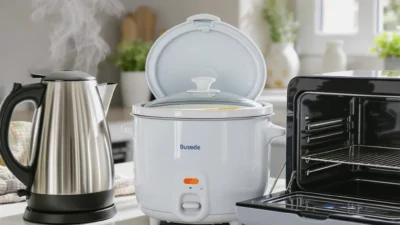 Energy-efficient kitchen appliances: electric kettle, rice cooker, and toaster oven on a countertop.