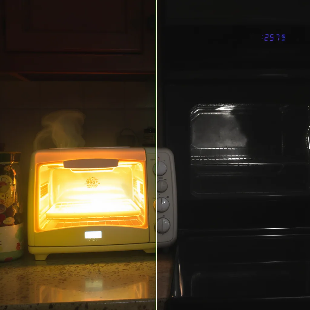 Side-by-side Comparison Of A Glowing Toaster Oven And Dark Conventional