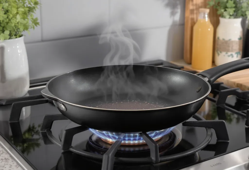 Chef adjusting flame on gas stovetop with a stainless steel frying pan, demonstrating proper heat control.