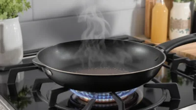 Chef adjusting flame on gas stovetop with a stainless steel frying pan, demonstrating proper heat control.