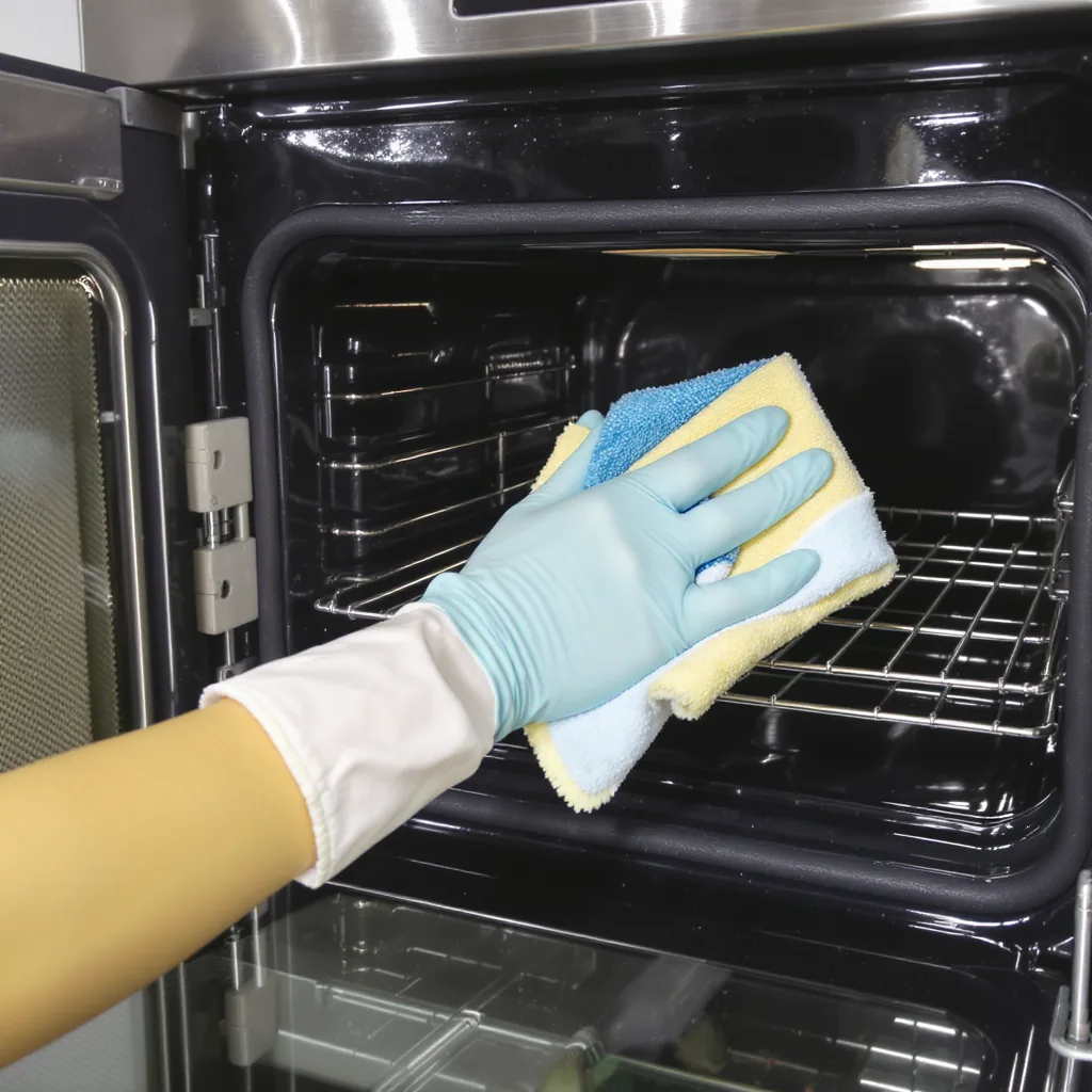 Person Cleaning An Oven Interior With Gloves And Tools In