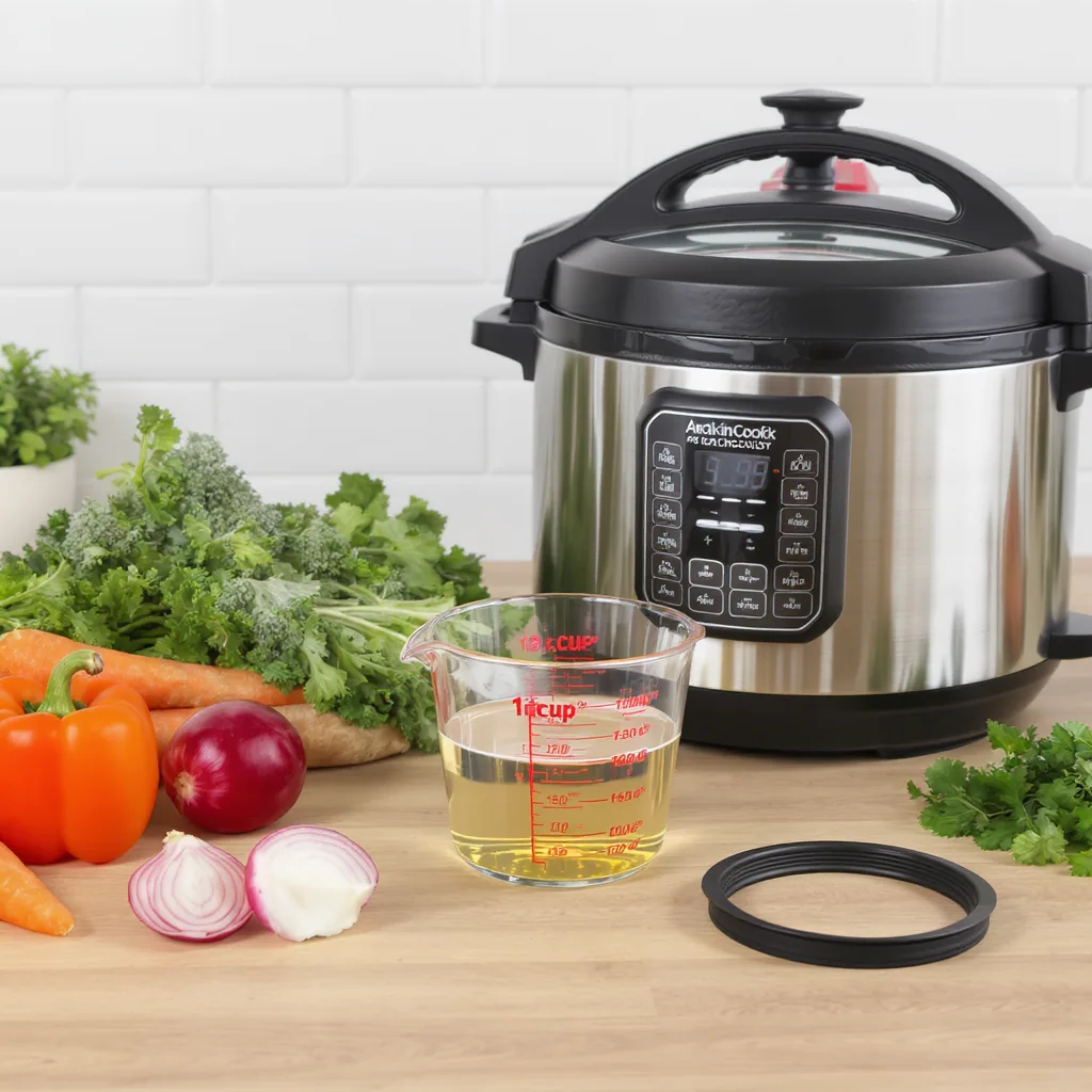 Well-organized Kitchen Counter With A Pressure Cooker Measuring Cup And