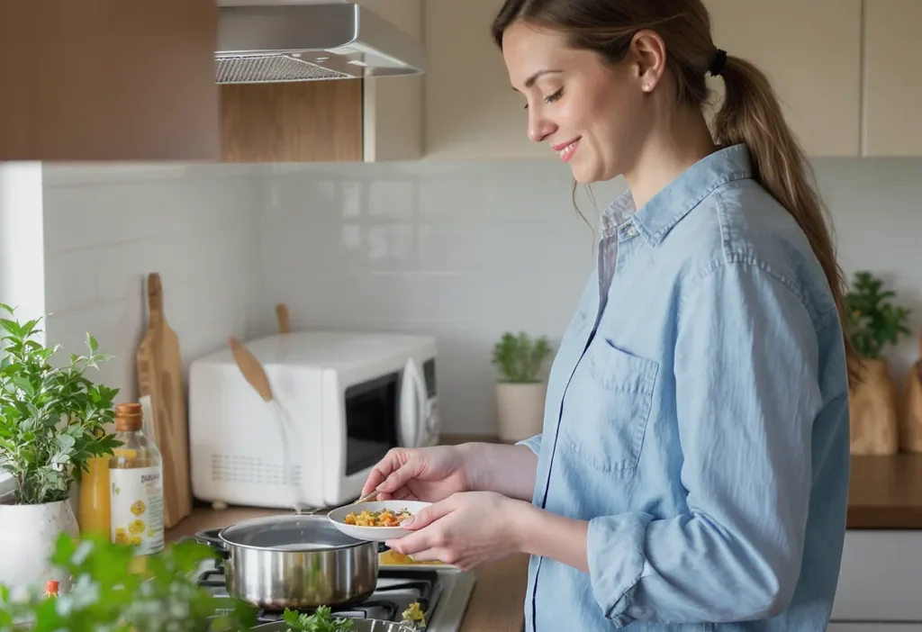 Energy-efficient kitchen appliances with energy monitor showing high consumption during small meal preparation