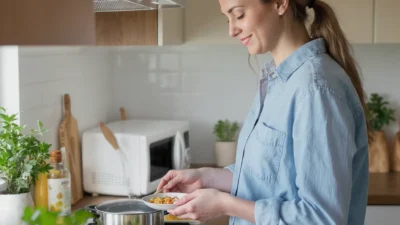 Energy-efficient kitchen appliances with energy monitor showing high consumption during small meal preparation